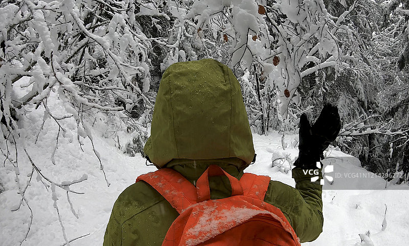 人类徒步穿越雪域森林图片素材