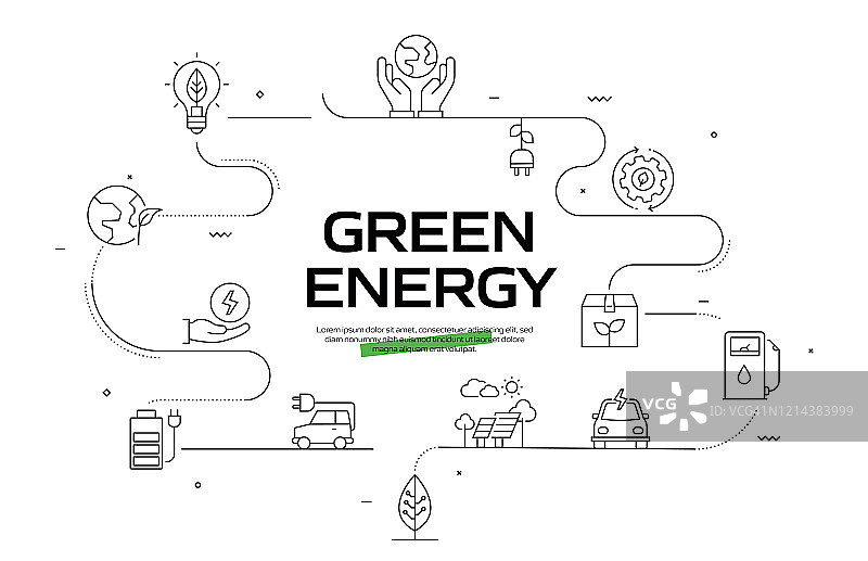 绿色能源，生态概念平面线设计矢量插图。图片素材