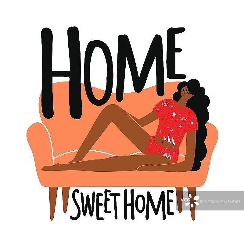 矢量插图的女人躺在橙色的沙发上。家甜蜜的家字母短语。图片素材