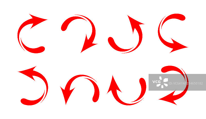 箭头图形红色孤立在白色背景，弯曲箭头红色现代，插图箭头标志图标，剪辑艺术箭头红色圆形形状图片素材
