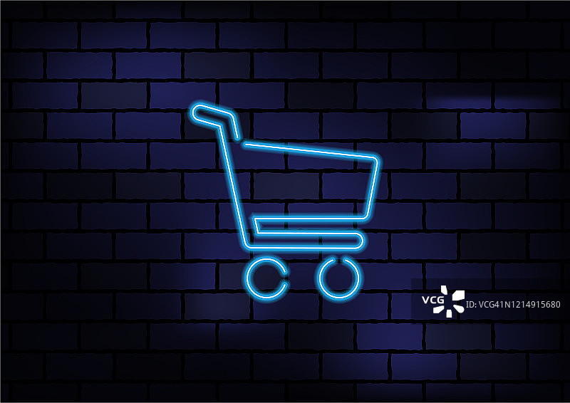 黑色砖墙上的蓝色霓虹灯网上购物标志图片素材