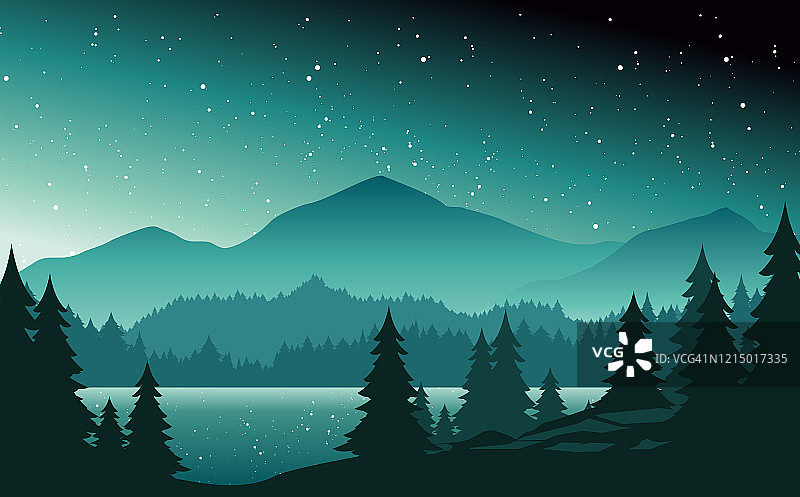 山和湖在夜晚景观平面矢量插图。在地平线上，有冷杉和山峰的自然景色。山谷、河流和星空场景卡通背景。图片素材