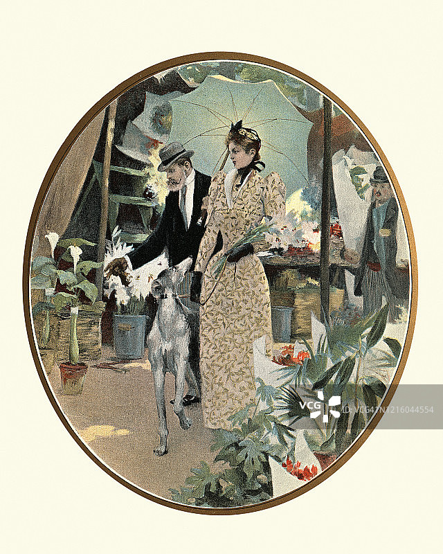 一对穿着时髦的法国夫妇带着他们的狗在市场里散步图片素材