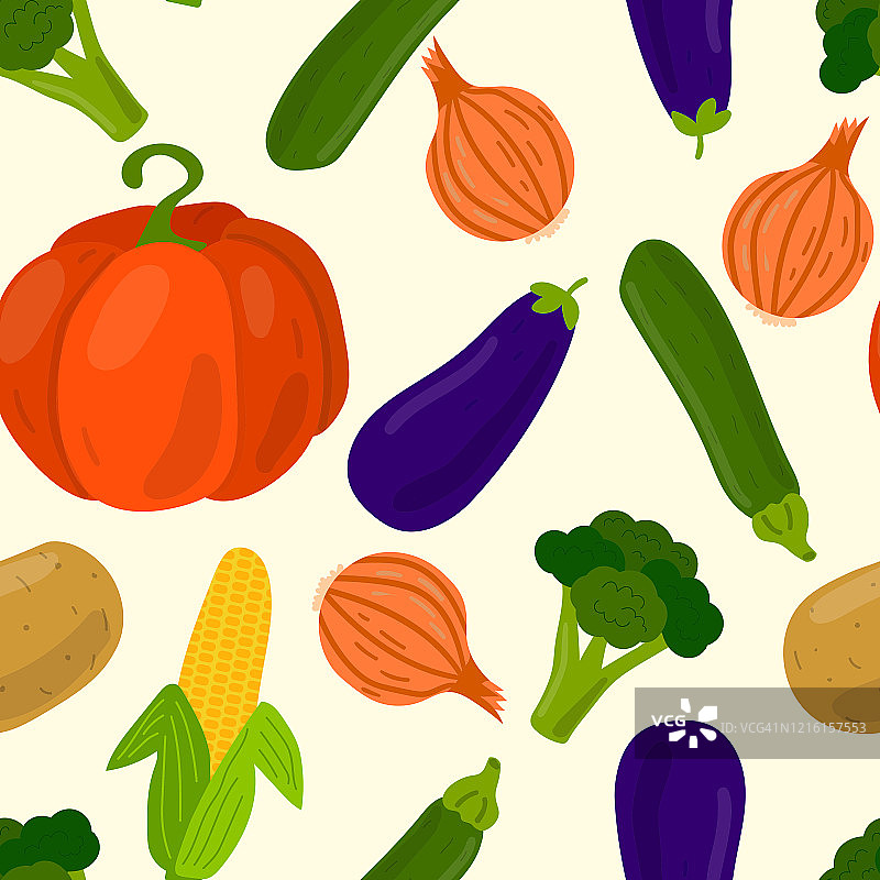 蔬菜无缝模式。南瓜和洋葱，土豆和玉米，花椰菜和西葫芦，茄子。矢量插图。图片素材