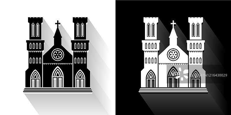 教堂建筑黑色和白色与长影子的图标图片素材