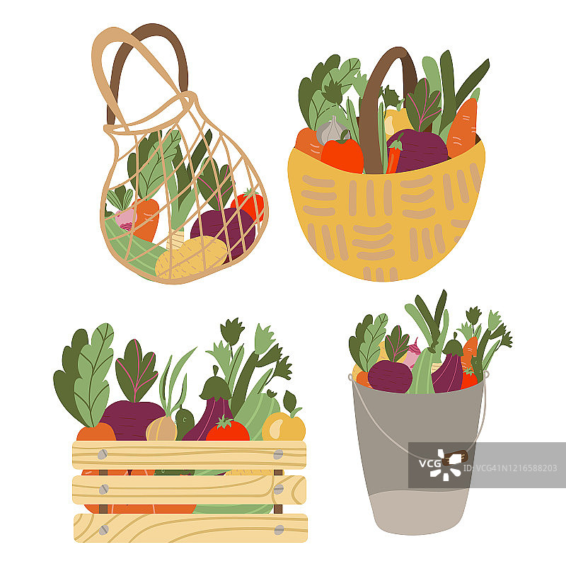 套篮，购物袋，蔬菜箱。网状环保袋，蔬菜孤立在白色的背景。从本地市场购买新鲜有机食品的现代购物者。矢量插图在平面卡通风格。图片素材