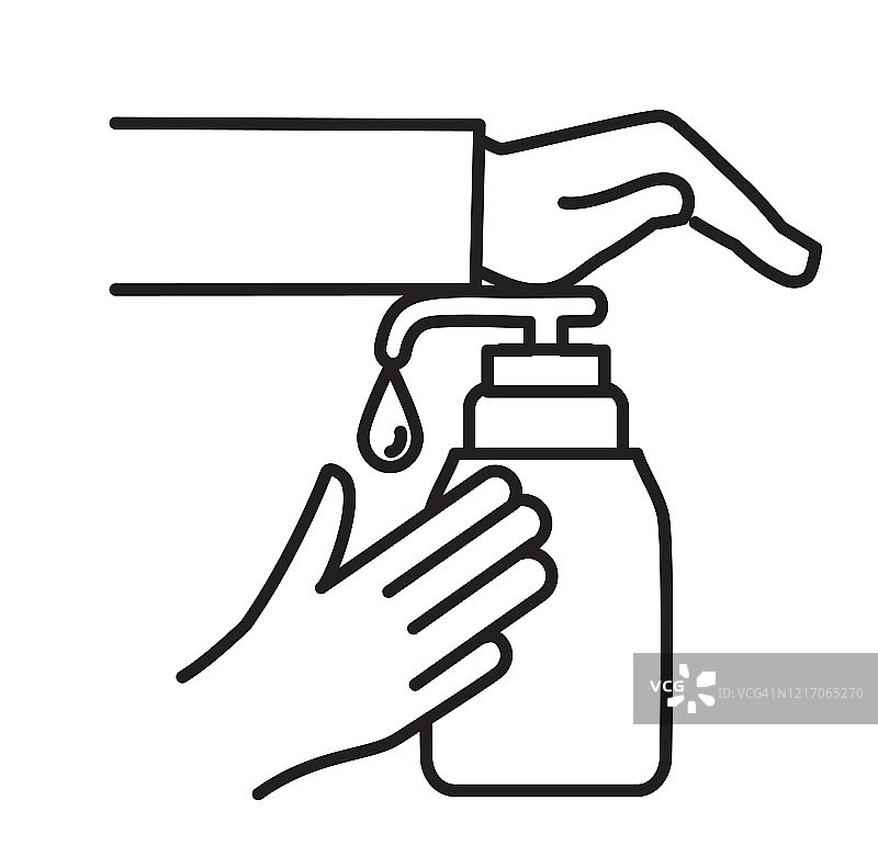 感冒和流感病毒洗手液瓶与手线艺术图标图片素材