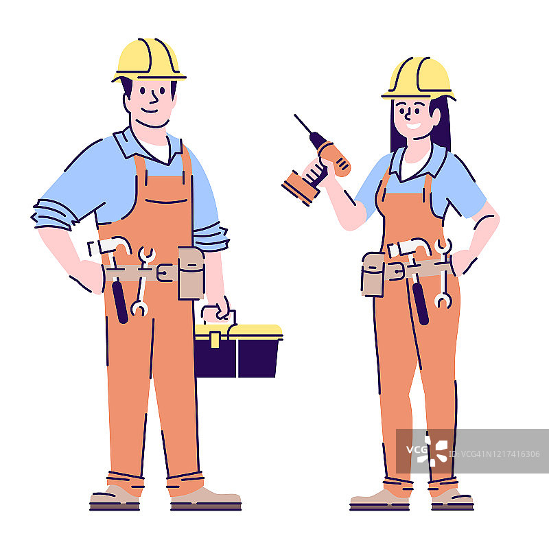 卡特平矢量字符。修理工，女建筑工人，杂工与工具卡通插图孤立在白色。家居保养，和维修服务工人夫妇与大纲图片素材