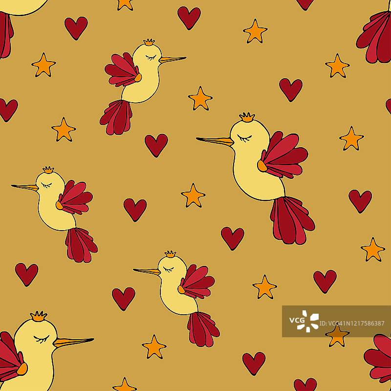 无缝矢量图案与情侣在米色背景。简单浪漫的墙纸设计，爱心，星星和小鸟。理想的布料时尚纺织。图片素材