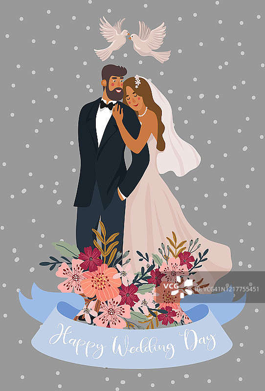一对新婚夫妇与鸽子和丝带与文字可爱的矢量婚礼插图图片素材
