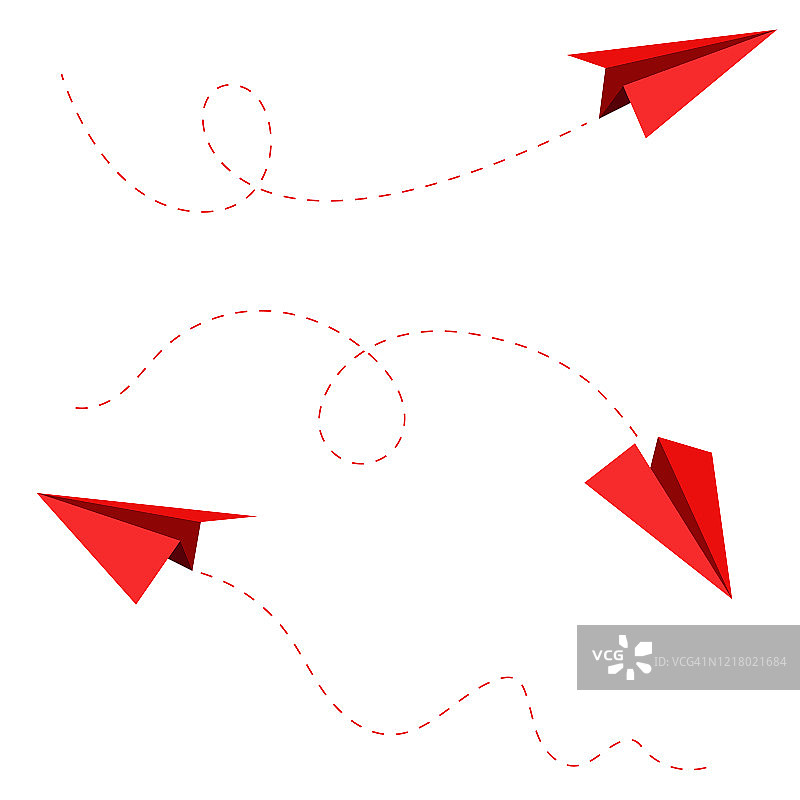红色纸飞机航路收集孤立在白色背景。折纸飞机。图片素材