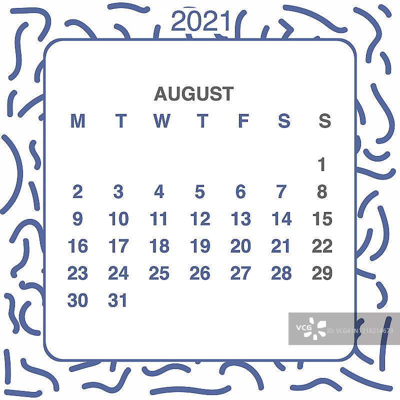 设计日历2021年在时尚的装饰风格。文具计划模板。矢量插图。下周一开始。一套12个月。蓝白两色图片素材