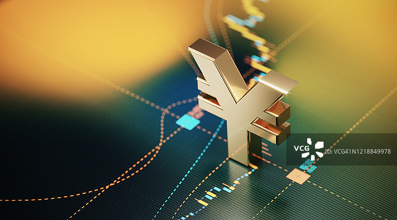 日元符号坐在一个条形图-股票市场和金融概念图片素材