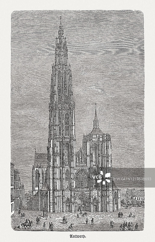 比利时安特卫普圣母大教堂木刻，1893年出版图片素材