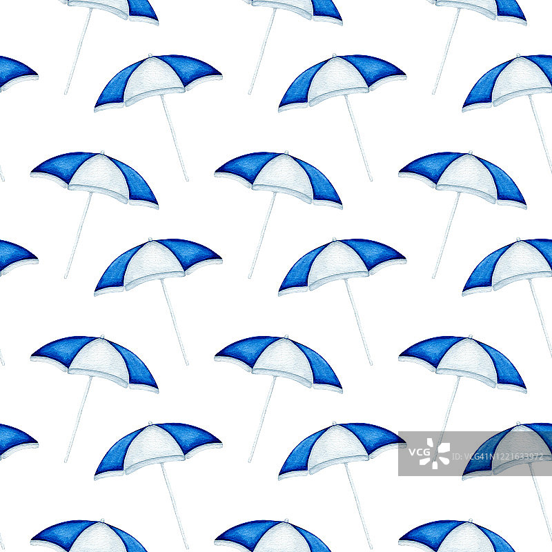 无缝图案用水彩蓝白撑开的太阳伞。手绘夏季配件在白色的背景设计图片素材