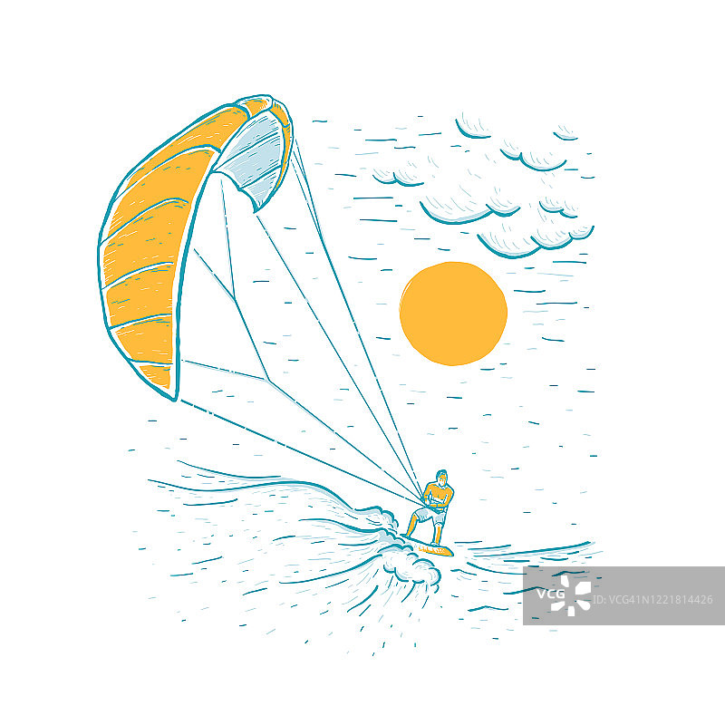 风筝冲浪。草图矢量白色插图与手绘风筝冲浪者，云，波。水上运动。免费乘车。图片素材