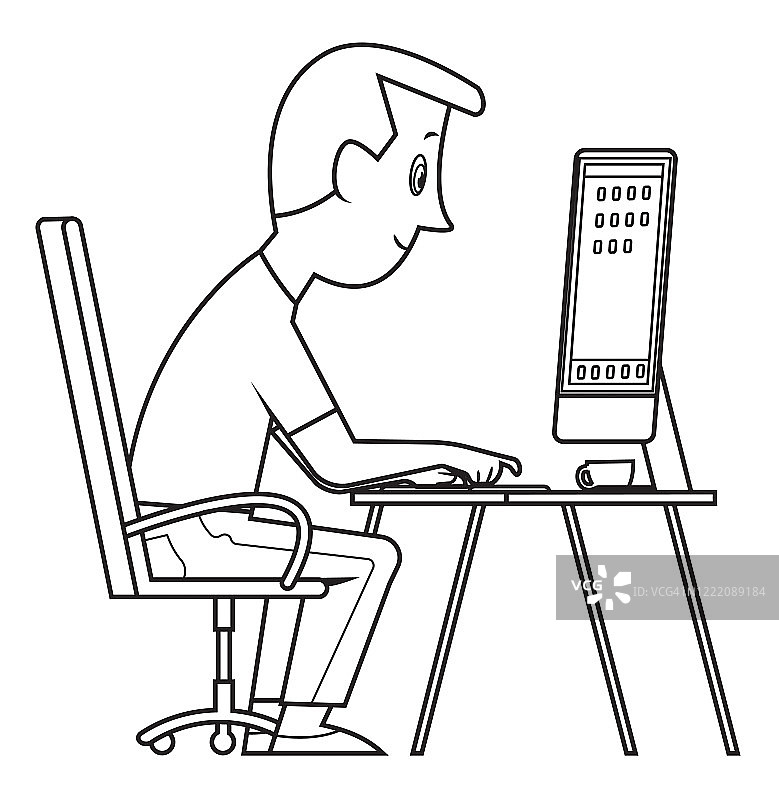 黑与白，年轻人正与电脑坐在书桌前图片素材