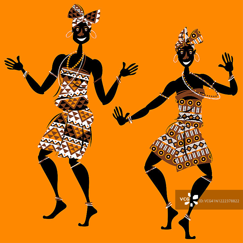 非洲的祭祀之舞。两个穿着传统服装跳舞的女人。图片素材