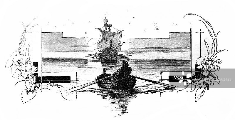 海上场景有一艘船和一艘帆船图片素材