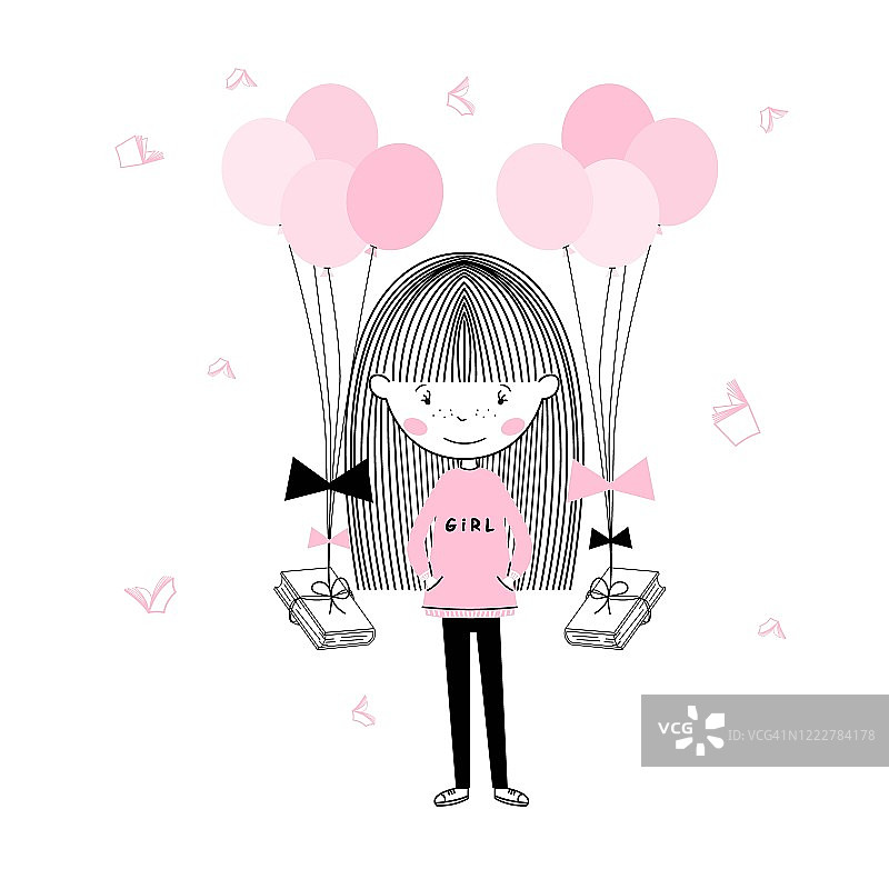 可爱的小学生女孩在粉红色和一本书浮动与气球回学校，墙壁艺术海报设计图片素材