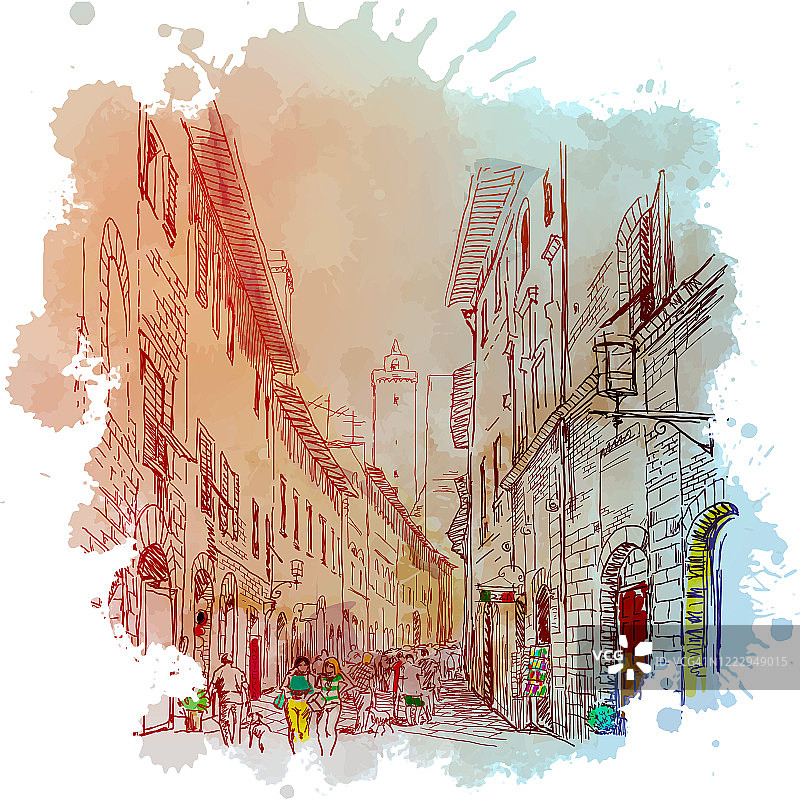 意大利圣吉米尼亚诺的街道全景图。复古设计。水彩纹理背景上的线性草图图片素材