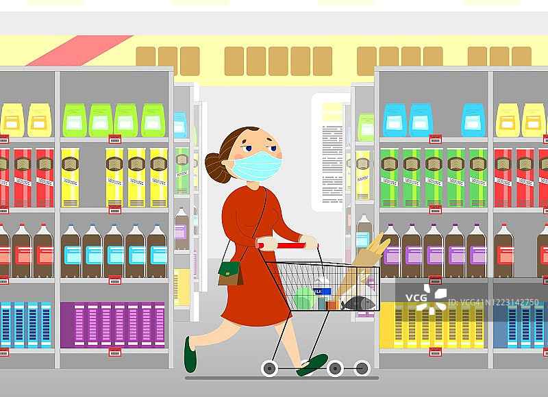 一位年轻女子推着购物车去购物。妈妈在杂货店里走来走去，买杂货和食物。一个穿着裙子拿着手提包的女孩走过摆满食品和饮料的架子。图片素材