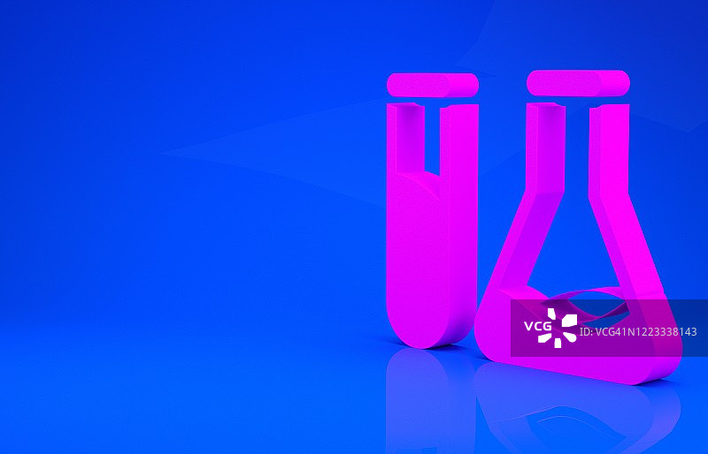 粉红色试管和烧瓶-化学实验室测试图标隔离在蓝色背景上。实验室玻璃器皿。极简主义的概念。3d渲染图图片素材