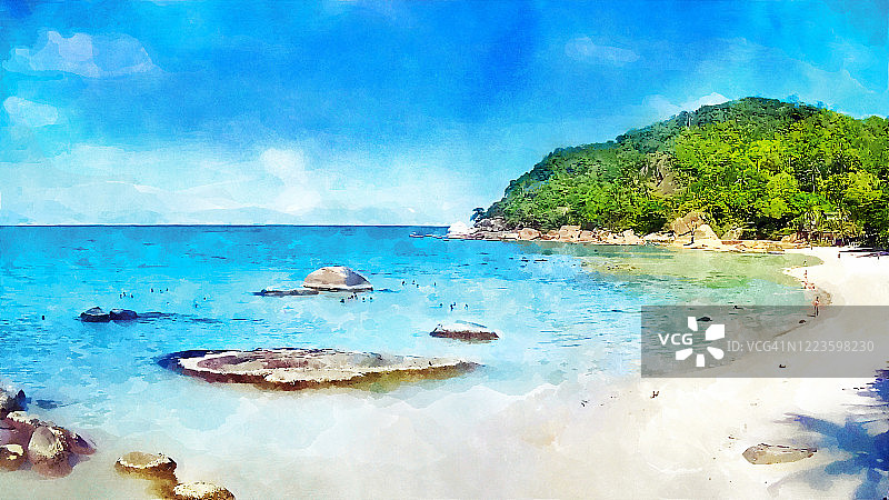 阳光灿烂的热带海滩水彩画图片素材