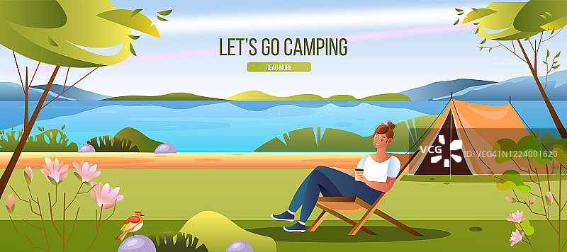 夏日风景，帐篷，年轻女性，绿树，去露营网横幅。图片素材