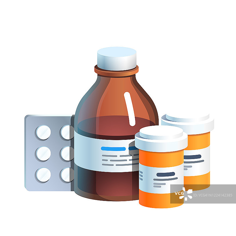药品，丸泡，带药液的玻璃瓶和带盖的塑料管。平面向量插图图片素材