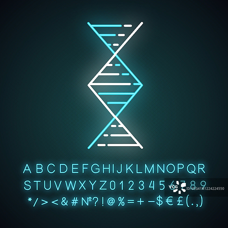 钻石形状的DNA螺旋霓虹灯图标。脱氧核糖核酸。分子生物学。遗传密码。遗传学。有字母、数字和符号的发光符号。向量孤立的插图图片素材