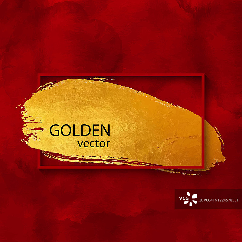 红色框架与金色笔触在水彩红色背景。金色闪亮的Grunge纹理。金箔笔触剪辑艺术。金色污渍隔离。金属金色纹理设计元素贺卡和标签，抽象背景。图片素材