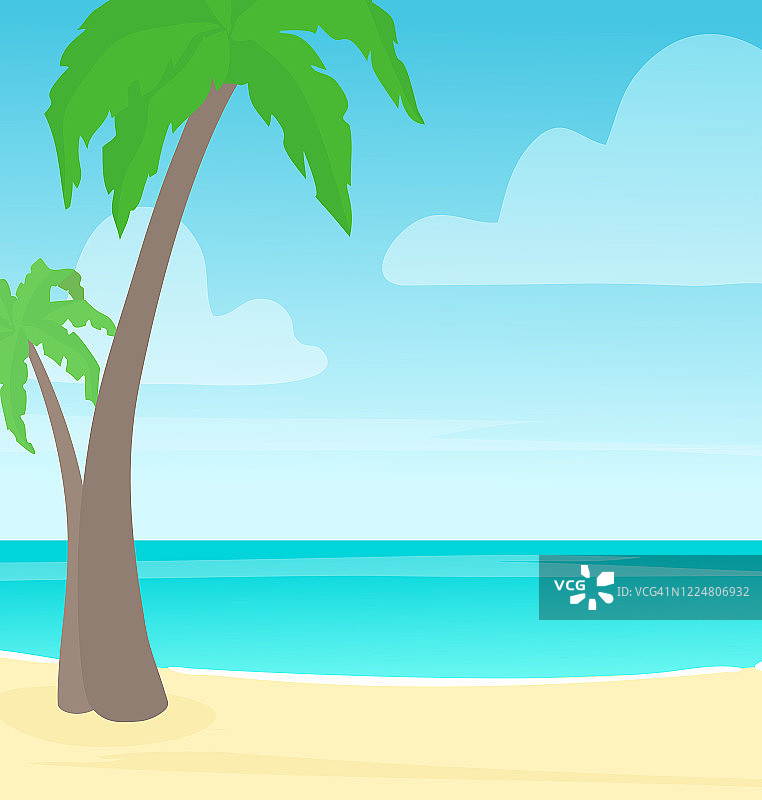 海边风景的看法。蔚蓝的大海，沙滩，晴朗的天空，棕榈树。热带度假的地方。阳光明媚的一天，海滩上一片宁静的景象。夏天的季节。图片素材