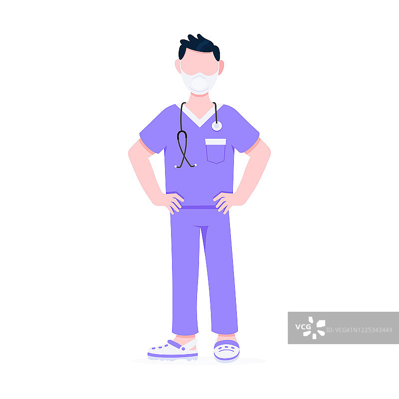 外科医生站着听诊器和面罩平面风格设计矢量插图孤立在白色背景。诊所医院工作人员。图片素材