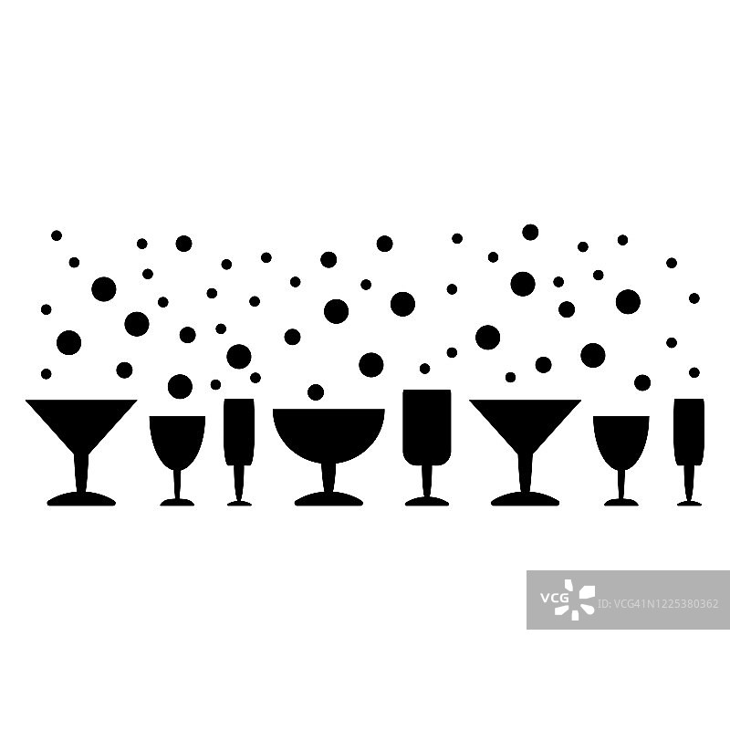 酒杯，香槟，飞溅。矢量插图在平面风格的贺卡，邀请和更多图片素材