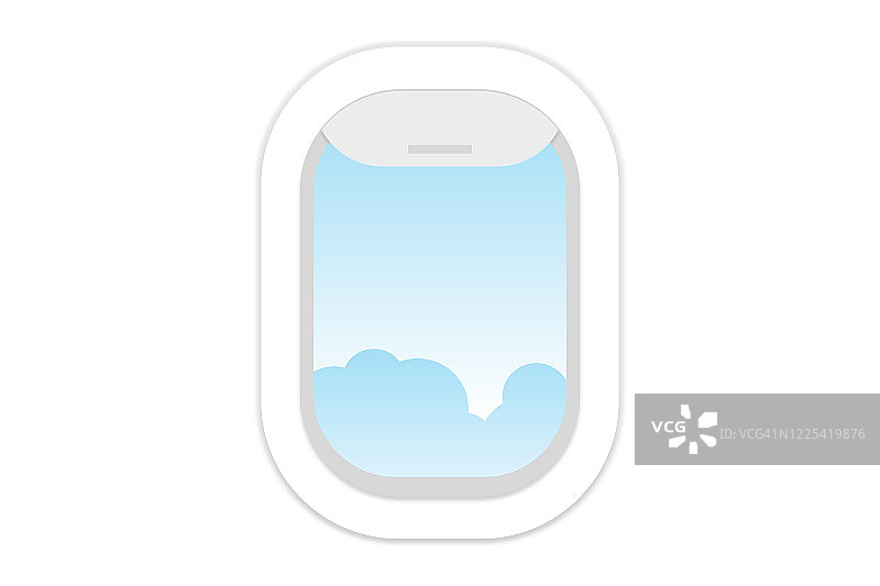 飞机，飞机的窗户外面是多云的蓝天。图片素材