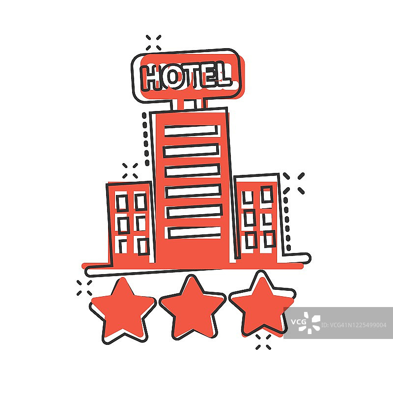 酒店3星级标志的漫画风格图标。客栈建筑卡通矢量插图上白色孤立的背景。酒店客房喷溅效应经营理念。图片素材