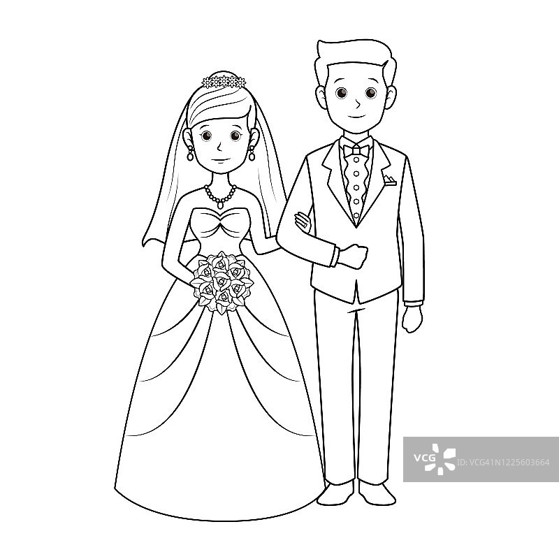 黑白新娘和新郎站在婚纱上新娘手捧鲜花新郎的手臂站在白色背景下拍摄肖像照片用于组装或为做家庭学校和教师的母亲制作教材。图片素材