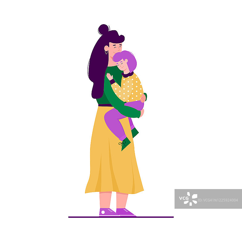 年轻的母亲抱着自己的宝宝，带着关爱，矢量插图孤立。图片素材
