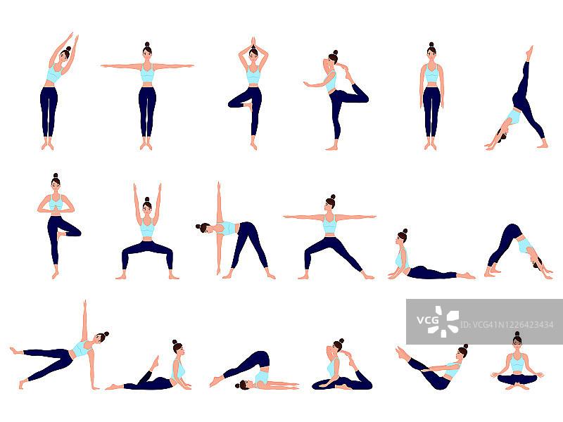 健康的生活方式。女性卡通人物展示各种瑜伽姿势的集合。穿着蓝色运动服和黑色瑜伽裤的女性身材锻炼图片素材