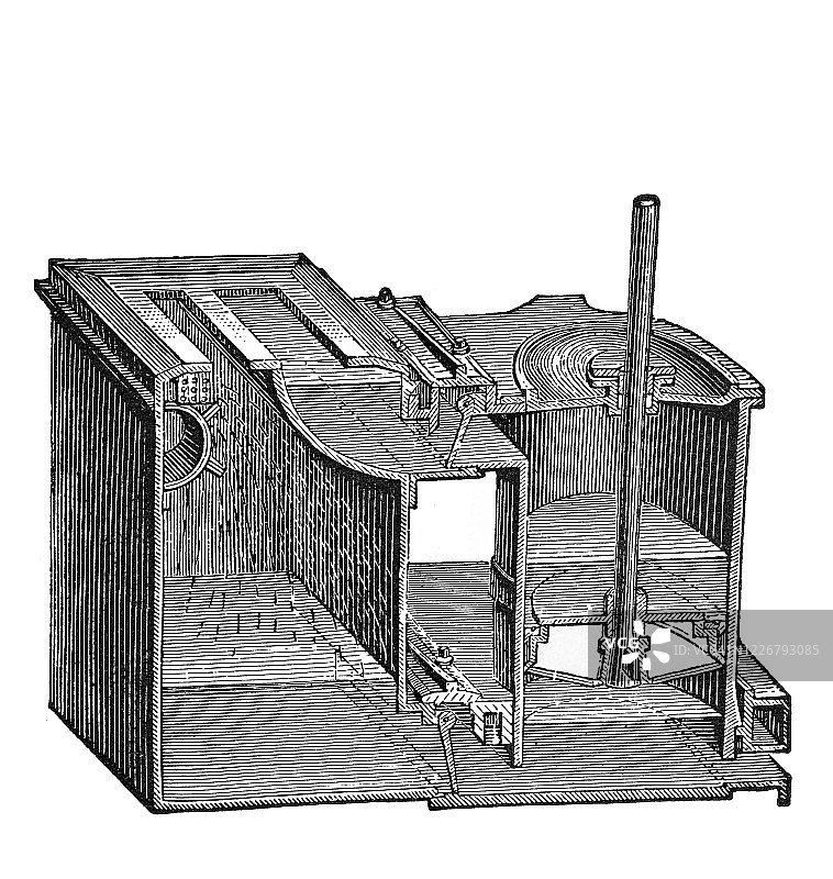 旧雕刻插图的蒸汽机，冷凝器和气泵图片素材