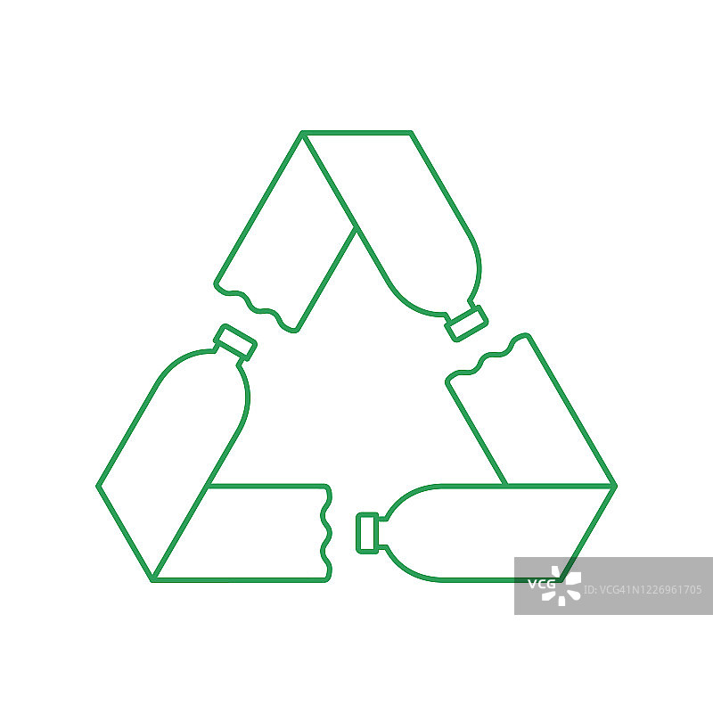 绿色回收标志与三个塑料瓶。塑料回收的概念。图片素材