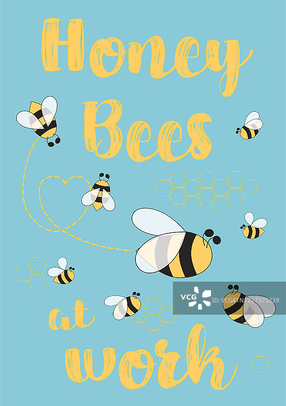 蜜蜂养殖的海报。蜜蜂在工作。蓝色背景上可爱蜜蜂的养蜂人标志。甜蜜的蜂蜜的标志,图片素材