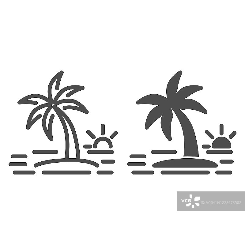 岛屿与棕榈树线和固体图标，夏天的概念，日落标志在白色的背景，椰子树在岛屿上的图标轮廓风格的移动概念和网页设计。矢量图形。图片素材