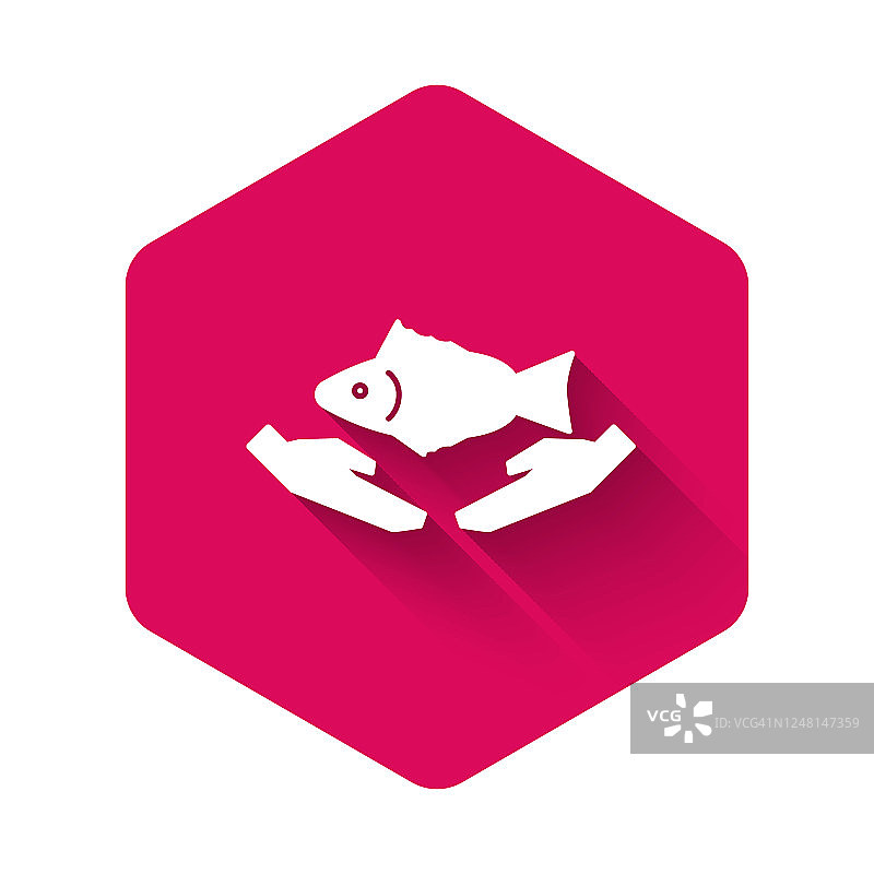 白鱼关怀图标孤立与长影子。粉红色的六角按钮。矢量图图片素材