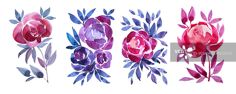 用水彩手绘牡丹或玫瑰花束，以白色为背景，单独绘有花瓣。用于卡片、贴纸、墙纸、纺织品或包装的艺术创作的自然对象。图片素材