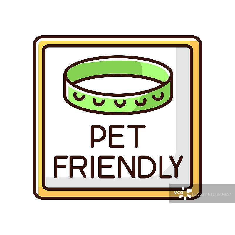 宠物友好区标志RGB颜色图标。允许饲养带项圈的家畜。猫和狗欢迎，猫和狗允许的领地和公共场所。孤立的矢量图图片素材