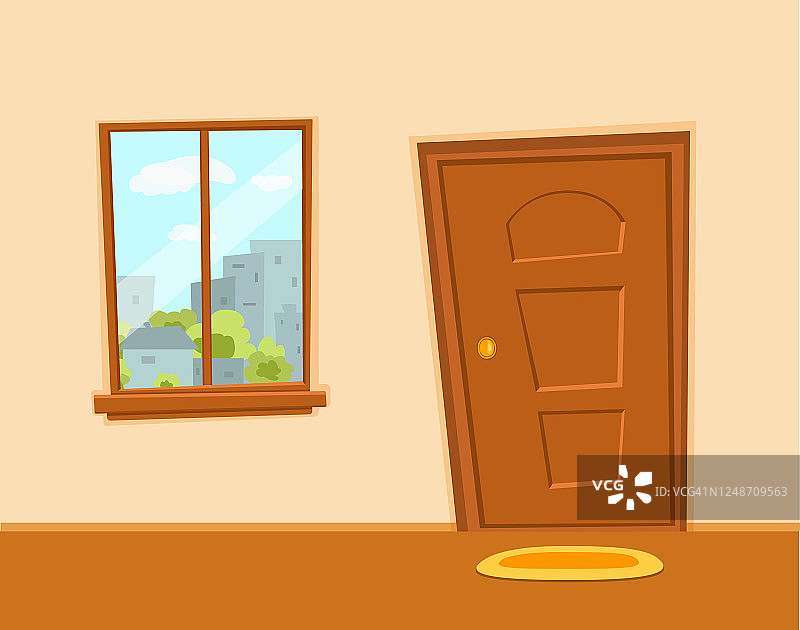 窗和门卡通彩色矢量插图与山谷夏季太阳景观图片素材
