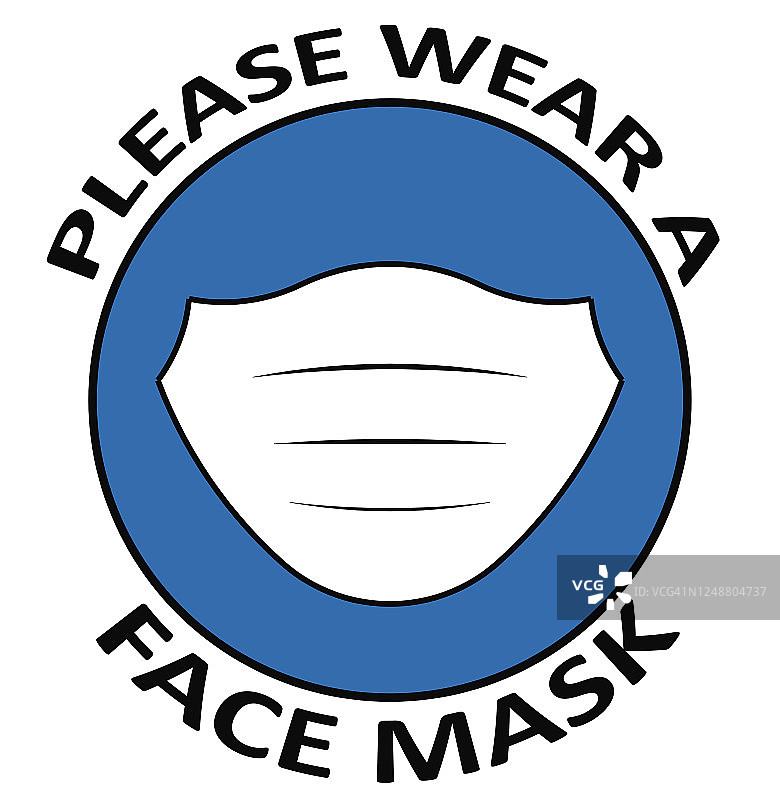 蓝色背景有面罩图标的圆形标志，并附有“请戴上面罩”的文字图片素材