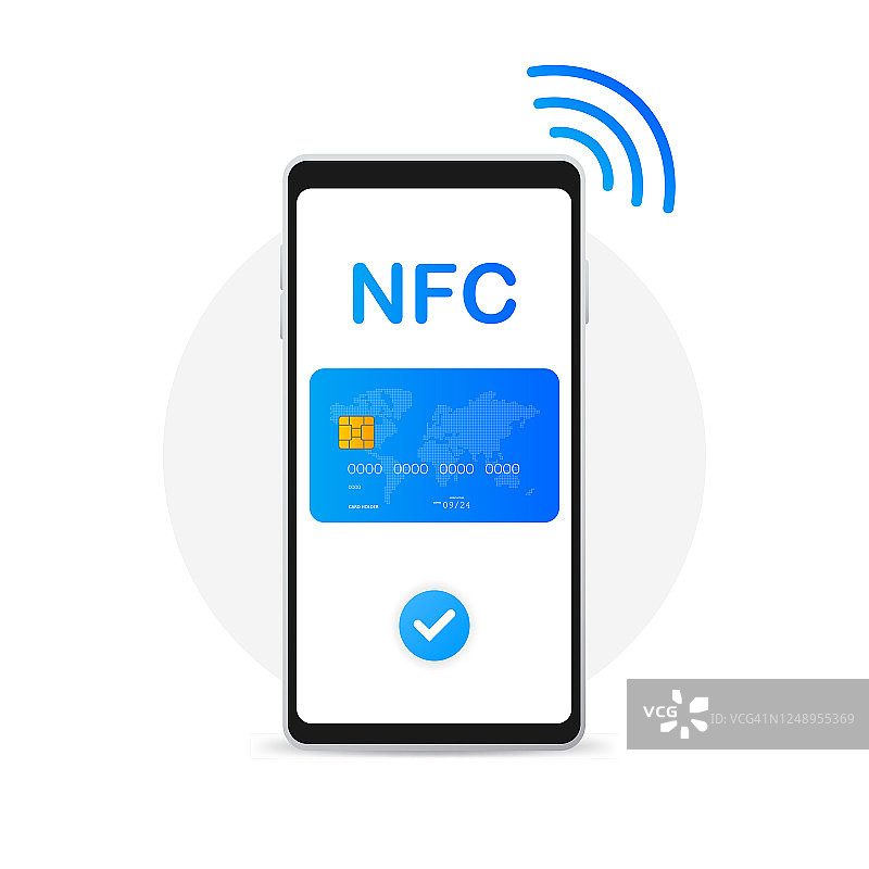 移动支付。NFC智能手机概念图标在平面风格。图片素材